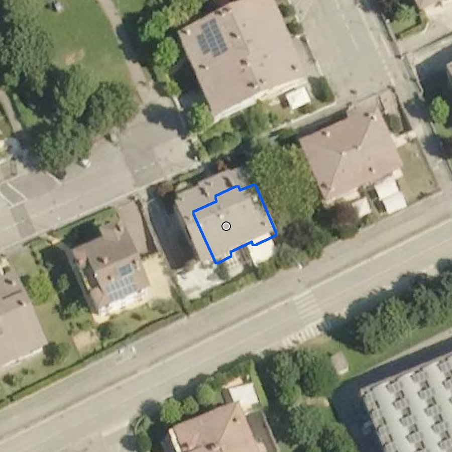 Villino con giardino privato, garage e 3 camere vista dall'alto: ortofoto con il confine della proprietà