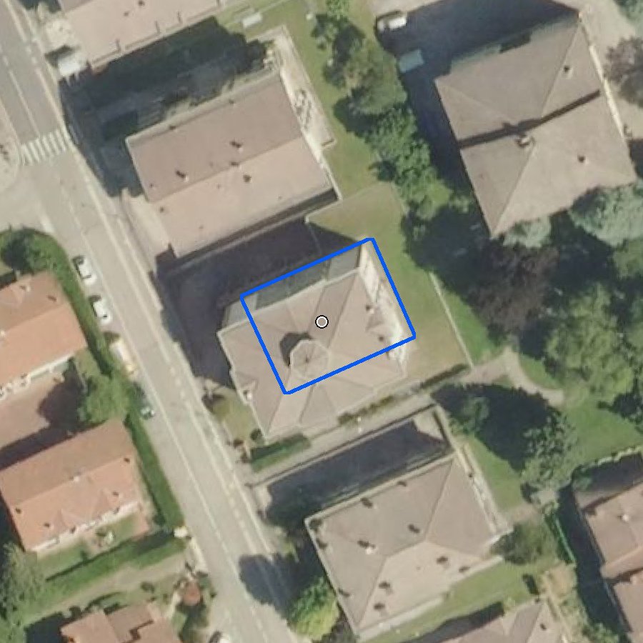 Appartamento con 3 camere, garage, in classe A4 vista dall'alto: ortofoto con il confine della proprietà