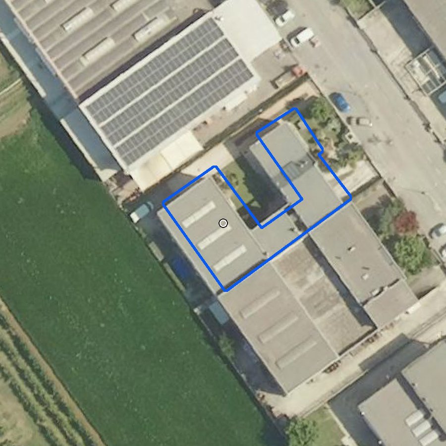Villa con giardino e capannone con uffici, prezzo unico vista dall'alto: ortofoto con il confine della proprietà